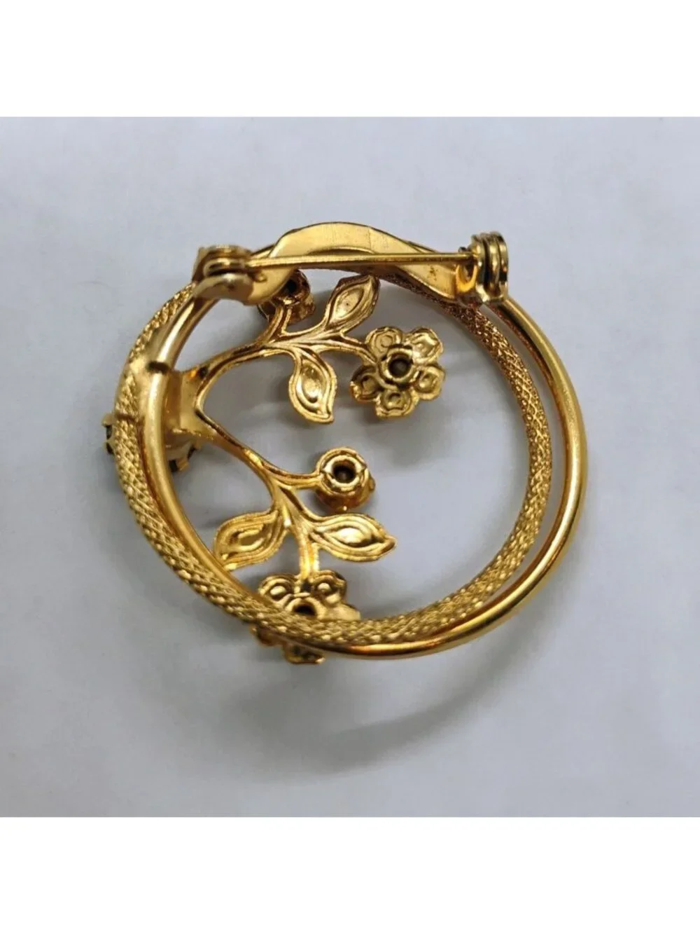 VTG Root Beer Brown Rhinestone Fall Floral Circle Pin Brooch Gold Tone 1 1/4" - Picture 4 of 4